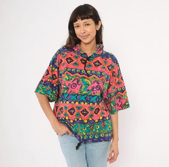 90s Psychedelic Hoodie Pink Teal Purple Tribal Cotton Pullover Hooded Top  Floral Colorful Abstract Aztec Drawstring Shirt One Size OSFM