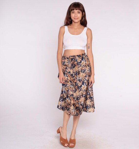 Floral Summer Skirt 80s Navy Blue Orange Tan Beige White Earth Tone Tie Waist Full Vintage Cottagecore Prairie Summer Autumn Flowers Large L