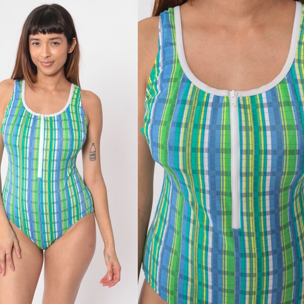 Plaid Bathing Suit 90s One Piece Swimsuit Zip Up Swim Suit Retro Low Open Back Blue Green Vintage 1990s honors plus size Extra Large xl 16s