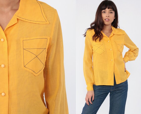 Yellow Button Up Shirt 70s Semi-Sheer Blouse Top Stitching Shirt Long Sleeve Vintage 1970s Button Up Retro Plain Shirt Pockets Small Medium