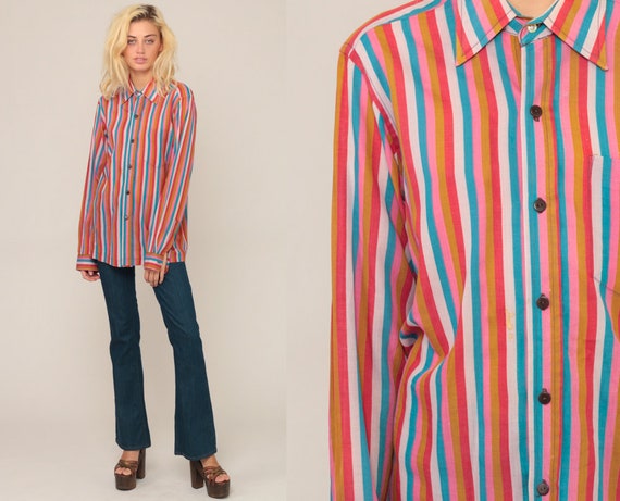 Striped Blouse 70s Boho Shirt Disco Top Hippie Shirt Rainbow Shirt 1970s Vintage Bohemian Button Up Long Sleeve Blouse Medium Large