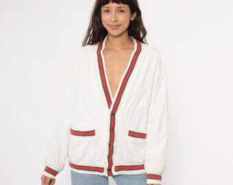 Chaqueta deportiva universitaria de algodón con bolsillos de parche, estilo vintage, estilo deportivo, estilo golf, estilo preppy de los años 80, a rayas, en blanco, crema, rojo y verde, talla mediana, talla M