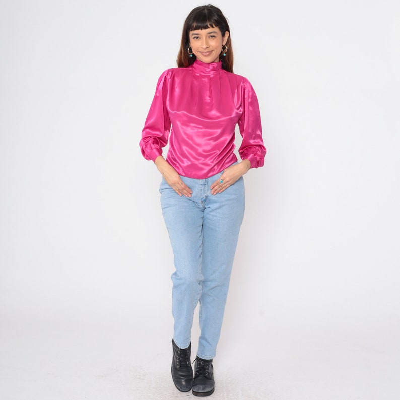 Pink Satin Shirt 80s Puff Sleeve Blouse Vintage Silky High Mock Neck Fuchsia Shirt Draped Long Sleeve Button Back Extra Small xs 2 Petite image 2