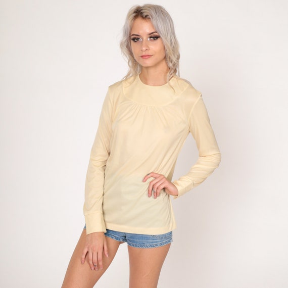 Cream Blouse 70s Mod Top Long Sleeve Shirt Semi-Sheer Simple Basic Plain Preppy Retro Modest Ruched Minimalist Neutral Vintage 1970s Small S