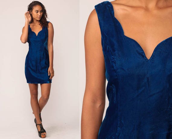Party Dress Blue Velvet Dress 90s Bodycon Mini V BACK Cocktail Party SCALLOPED Sheath 80s Body Con Grunge Vintage Sleeveless Medium