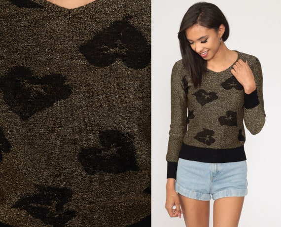 Metallic Leaf Sweater xxs 80s Gold Sparkle Sweater Glitter Sweater Vintage 1980s Disco Black Long Sleeve Pullover Knit Extra Small xs 2xs