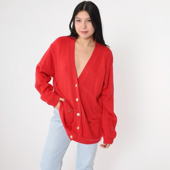 90s Red Cardigan Wool Acrylic Knit Deep V Neck Button up Sweater Plain Basic Solid Retro Preppy Knitwear Vintage 1990s Large L