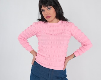 Bubblegum Pink Top 70s Textured Knit Pullover Sweater Retro Simple Basic Crewneck Popcorn Knitwear Vintage 1970s Extra Small XS S