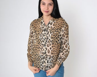 Blusa con estampado de leopardo, años 90, semitransparente, con estampado animal, camisa abotonada, manga larga, top retro con lunares de guepardo, vintage, años 90, talla pequeña 4
