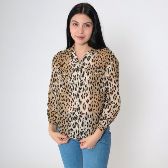 Leopard Print Blouse 90s Semi-Sheer Animal Print Button Up Shirt Long Sleeve Top Retro Cheetah Spot Top Vintage 1990s Small 4