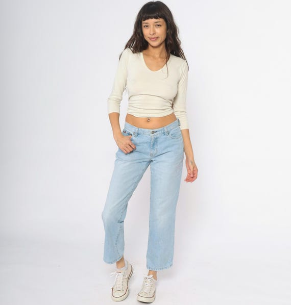 Tommy Hilfiger Jeans Y2K Light Wash Denim Low Rise Cropped Ankle Flared Leg Light Blue Vintage 2000s Minimalist Clean Girl Aesthetic Small S