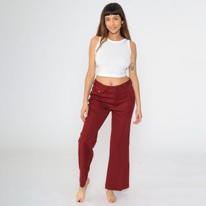 70s Bell Bottom Trousers Burgundy Flared Pants Textured Retro High Waisted Bellbottoms Retro Polyester Slacks Vintage 1970s Medium 32 x 31