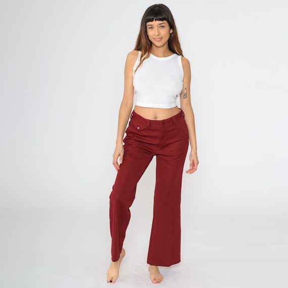 70s Bell Bottom Trousers Burgundy Flared Pants Textured Retro High Waisted Bellbottoms Retro Polyester Slacks Vintage 1970s Medium 32 x 31