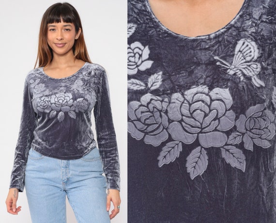 Velvet Floral Top 90s Burnout Blouse Rose Flower Print Shirt Purple Grey Long Sleeve Baby Tee Boho Retro Grunge Vintage 1990s Medium Large