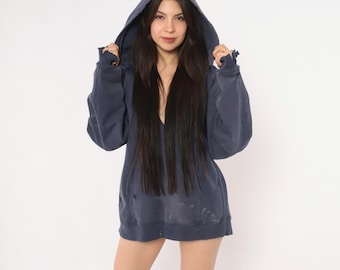Distressed Carhartt Hoodie Y2K Navy Blue Sweatshirt Kangaroo Pocket Faded Cotton Workwear Grunge Thrashed Boxy Fit Unisex Hooded Top Large L