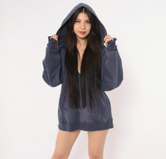 Distressed Carhartt Hoodie Y2K Navy Blue Sweatshirt Kangaroo Pocket Faded Cotton Workwear Grunge Thrashed Boxy Fit Unisex Hooded Top Large L