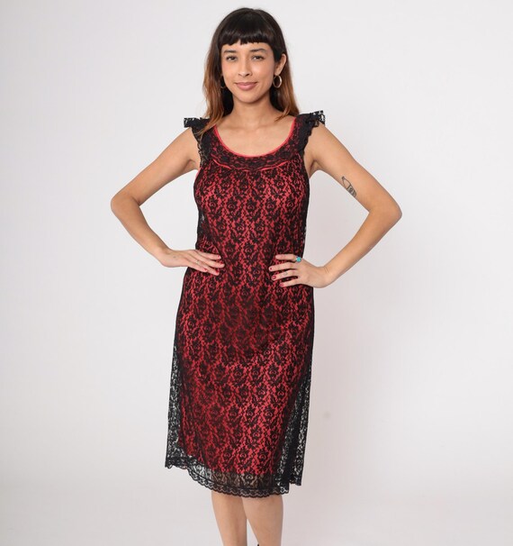 Lace Slip Dress 80s Goth Red Black Overlay Midi Sleeveless Grunge Gothic Alternative Vintage Y2K Party Dance Rave Cami Romantic Medium M
