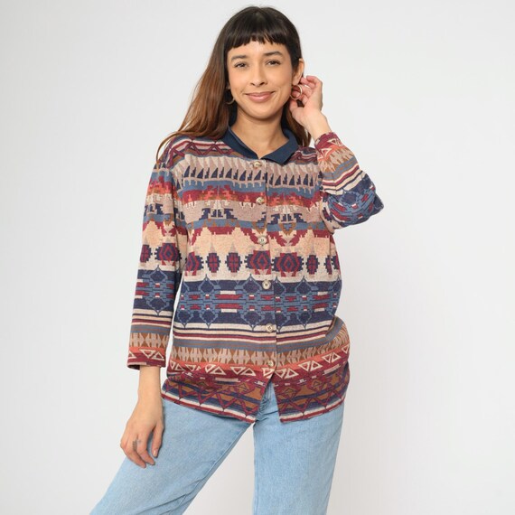90s Southwestern Shirt Vintage Navy Blue Red Button Up Top Striped Tapestry Western Blouse Retro Long Sleeve 1990s Oversize Extra Small xs