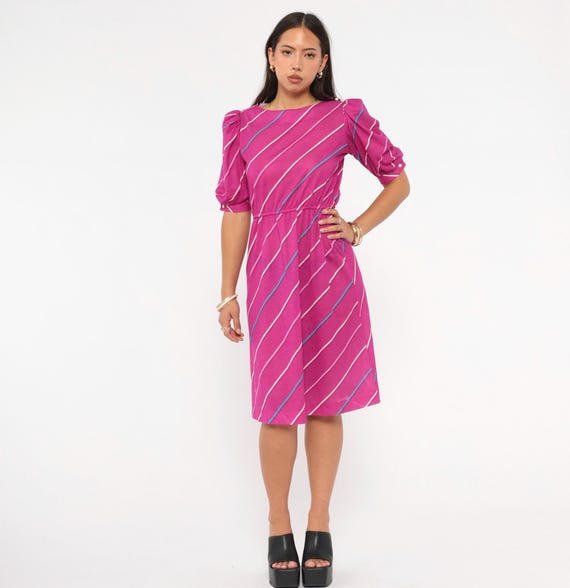 80s Magenta Striped Dress Puff Sleeve Fuchsia Knee Length Diagonal Stripe Pink Teal White A Line Boat Neck Pearl Button Shoulder Small S