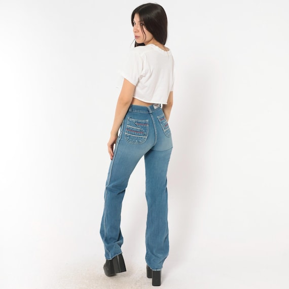 80s Flyers High Waist Jeans Straight Leg Denim Cotton Blue Medium Wash Striped Back Pocket Detail Vintage Pants Faded Women Extra Small XS