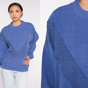 Blue Chevron Sweatshirt 90s Pullover Sweater Retro Grunge Slouchy Layered Crewneck Sweatshirt Plain Normcore Woven Vintage 1990s Mens Large