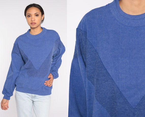 Blue Chevron Sweatshirt 90s Pullover Sweater Retro Grunge Slouchy Layered Crewneck Sweatshirt Plain Normcore Woven Vintage 1990s Mens Large