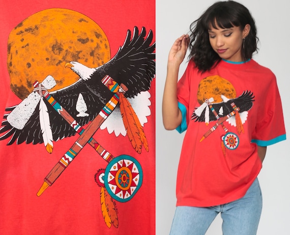 Native American Shirt Eagle TShirt 80s 90s Animal T Shirt Graphic Tshirt Hipster Totem Animal Moon Southwest 1990s Retro Red Extra Large xl