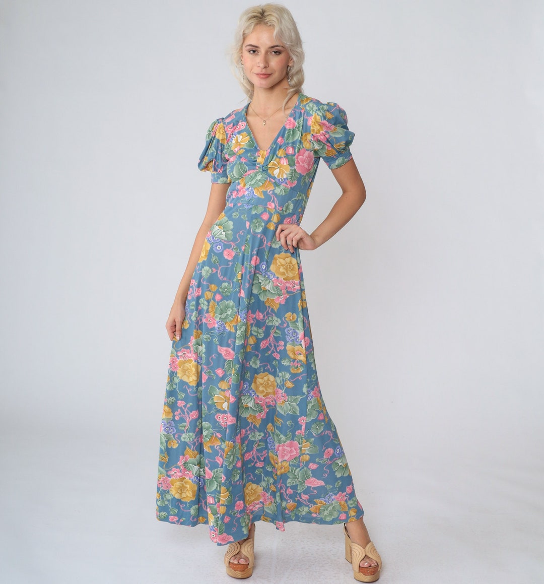 Blue Floral Dress 70s Maxi Dress Puff Sleeve Boho Hippie Flower Print ...