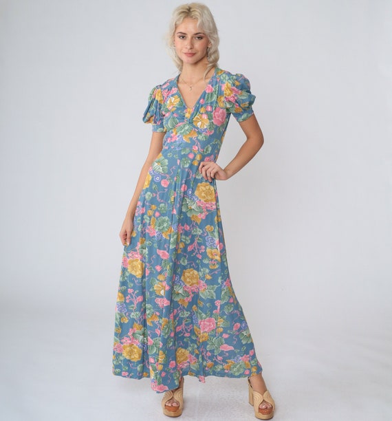 Blue Floral Dress 70s Maxi Dress Puff Sleeve Boho Hippie Flower Print Empire Waist V Neck Festival Summer Long Vintage 1970s Extra Small xs
