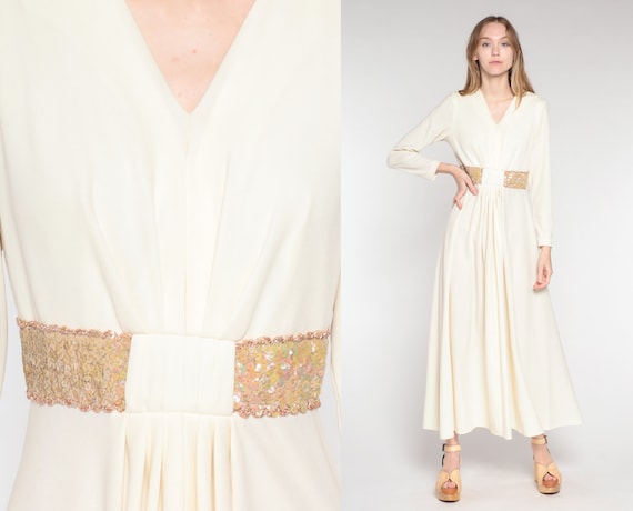 Grecian Maxi Dress 70s Party Dress Long Cream Sequin Gown Sparkly V Neck Retro Glam Formal Cocktail Dress Long Sleeve Vintage 1970s Small S