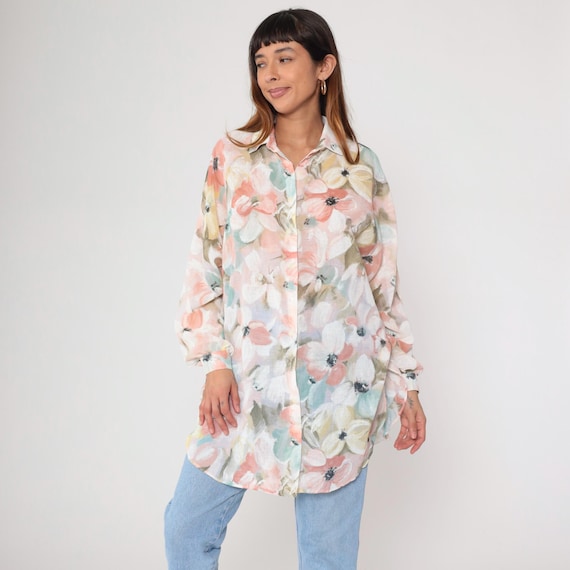 Watercolor Floral Blouse 90s Pastel Button Up Shirt Long Sleeve Oversized Coral Yellow Sheer Lightweight Spring Summer Cottagecore  Medium M