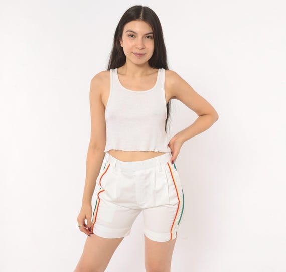 80s Rainbow Stripe Shorts White Cotton Pleated Front High Waist Elastic Back Bermuda Side Seam Pocket Colorful Piping Trim Sporty Small S