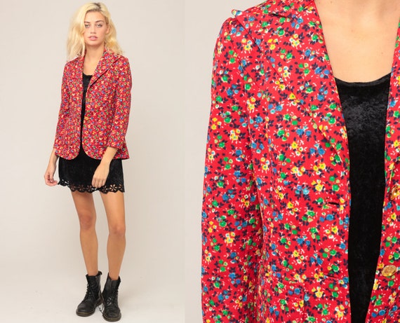 Floral Blazer Jacket Floral Jacket 70s Boho Hippie Jacket Red 1970s Bohemian Vintage Festival Blazer Extra Small xs