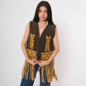 70s Suede Fringe Vest Brown Western Leather Open Front Vest Retro Hippie Seventies Southwestern Bohemian Vintage 1970s Medium M