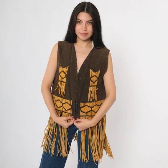 70s Suede Fringe Vest Brown Western Leather Open Front Vest Retro Hippie Seventies Southwestern Bohemian Vintage 1970s Medium M