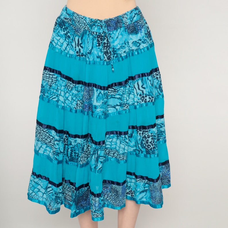 Blue Tiered Skirt Y2k Midi Skirt Abstract Animal Print Ribbon Trim Hippie Skirt Flowy Festival Summer Cotton Vintage 00s Small Medium Large image 6