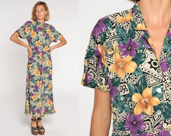 Tropical Floral Maxi Dress 90s Button Up Shirtwaist Dress Retro Boho Day Dress Grunge Hippie Short Sleeve Vintage 1990s Yellow Small S 6