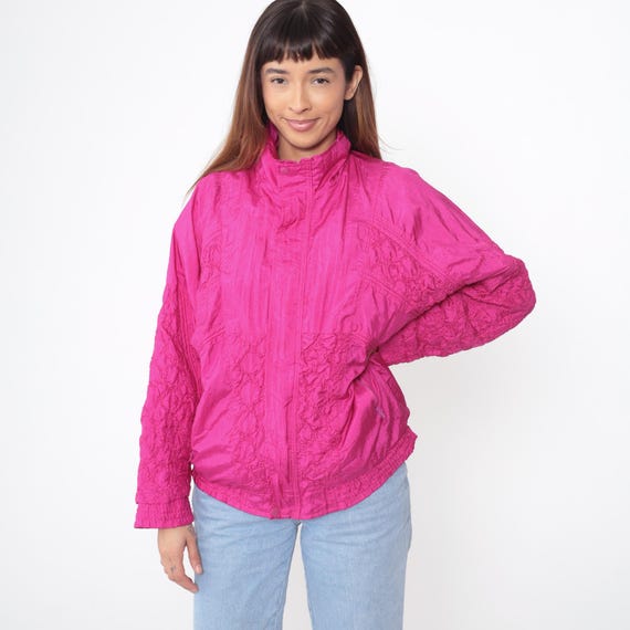 90s Fuchsia Windbreaker Track Jacket Zip Up Athletic Pink Textured Elastic Cuffs Waistband Y2K Bright Magenta Sporty Vintage Large L