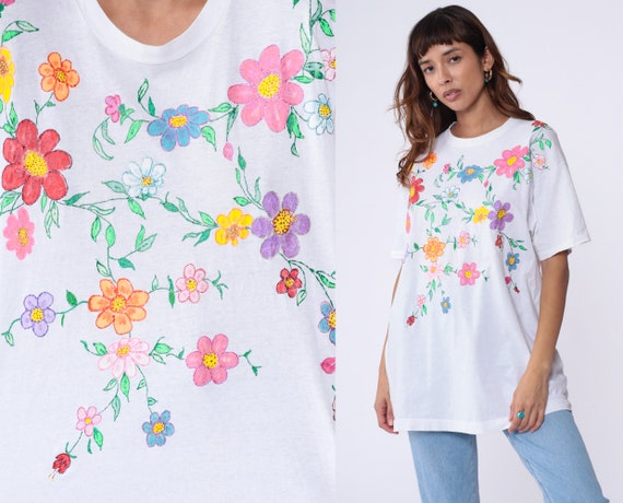 90s Floral T Shirt Hand Painted Shirt Floral Tee Graphic White Glitter Paint Single Stitch Short Sleeve TShirt Vintage Extra Large xl