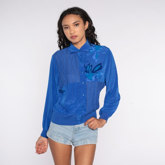Royal Blue Shirt 80s Sheer Cutout Blouse Long Sleeve Blouse Abstract Button Up Shirt 1980s Vintage Silky Cutwork Shirt Retro Small S