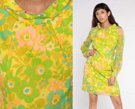 60s Mod Dress Floral Print Yellow Floral Mini Shift Dress 1960s Sheer Long Sleeve Hippie Vintage Neon Green Boho Minidress 1970s Small S