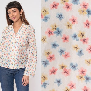 70s Floral Blouse White Boho Shirt Collar Disco Shirt Button Up Bohemian Blouse 1970s Hippie Vintage Long Sleeve Romantic Pink Blue Medium