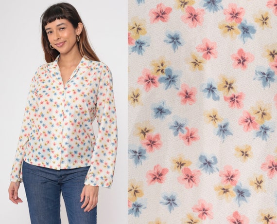 70s Floral Blouse White Boho Shirt Collar Disco Shirt Button Up Bohemian Blouse 1970s Hippie Vintage Long Sleeve Romantic Pink Blue Medium