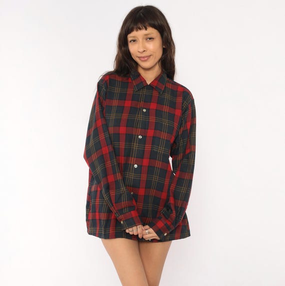 60s Plaid Shirt Burgundy Navy Button Front Long Sleeve Wool Pointed Collar Flannel Wine Red Dark Check Lumberjack Preppy Collegiate Medium M