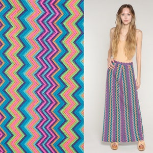 70s Maxi Skirt Colorful Zig Zag Striped Hippie Skirt Psychedelic Print High Waisted Bohemian Retro Vintage Pink Blue Purple 1970s Large L image 1