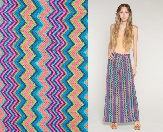 70s Maxi Skirt Colorful Zig Zag Striped Hippie Skirt Psychedelic Print High Waisted Bohemian Retro Vintage Pink Blue Purple 1970s Large L