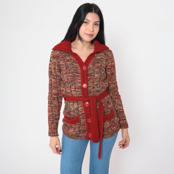 Red Space Dye Cardigan 70s Belted Button Up Knit Sweater Ribbed Hippie Cozy Retro Bohemian Fall Acrylic Knitwear Vintage 1970s Medium M