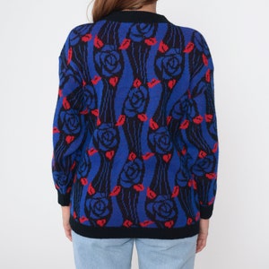 Blue Floral Sweater 80s Graphic All Over Print Black Ringer Neck Rose Petal Jacquard Slouchy Knit 1980s Pullover Vintage Jumper Small image 7
