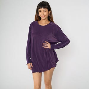 Stretchy Purple Shirt 90s Ribbed Long Sleeve Top Longline Lettuce Edge Hem Blouse Scoop Neck Plain Top 1990s Vintage OS Small Medium Large