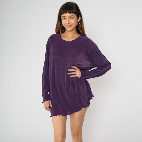 Stretchy Purple Shirt 90s Ribbed Long Sleeve Top Longline Lettuce Edge Hem Blouse Scoop Neck Plain Top 1990s Vintage OS Small Medium Large